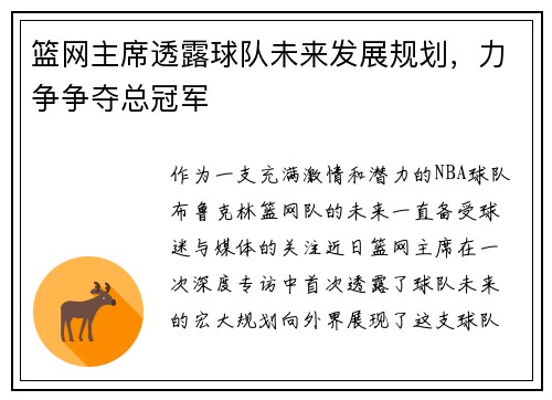 篮网主席透露球队未来发展规划，力争争夺总冠军