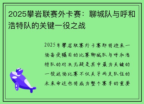 2025攀岩联赛外卡赛：聊城队与呼和浩特队的关键一役之战