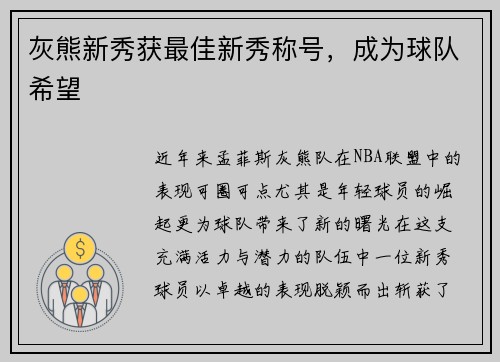 灰熊新秀获最佳新秀称号，成为球队希望